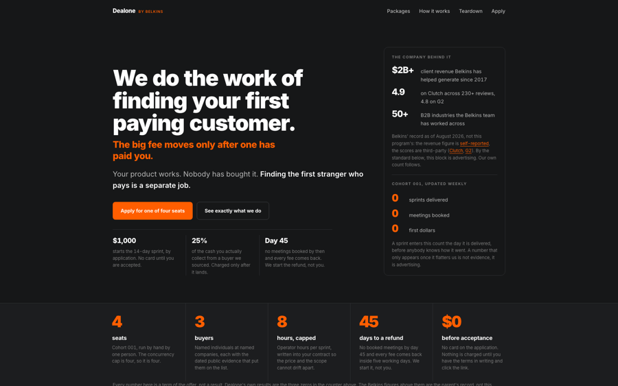 Dealone by Belkins hero with the Belkins track record, the cohort counter, and outcome-based pricing