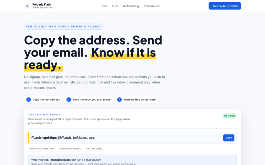 Folderly Flash landing page with email deliverability verdict workflow