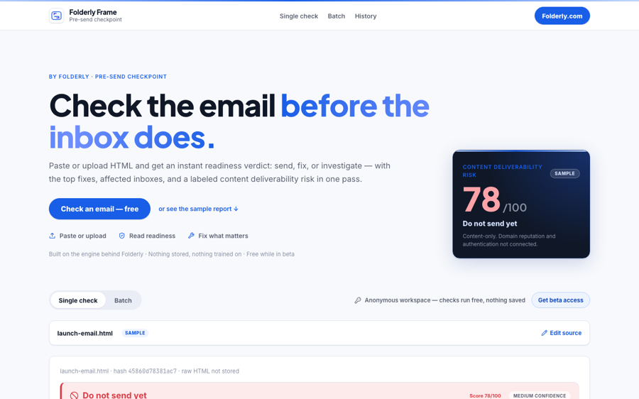 Folderly Frame landing page with email render preview and will-it-land deliverability score