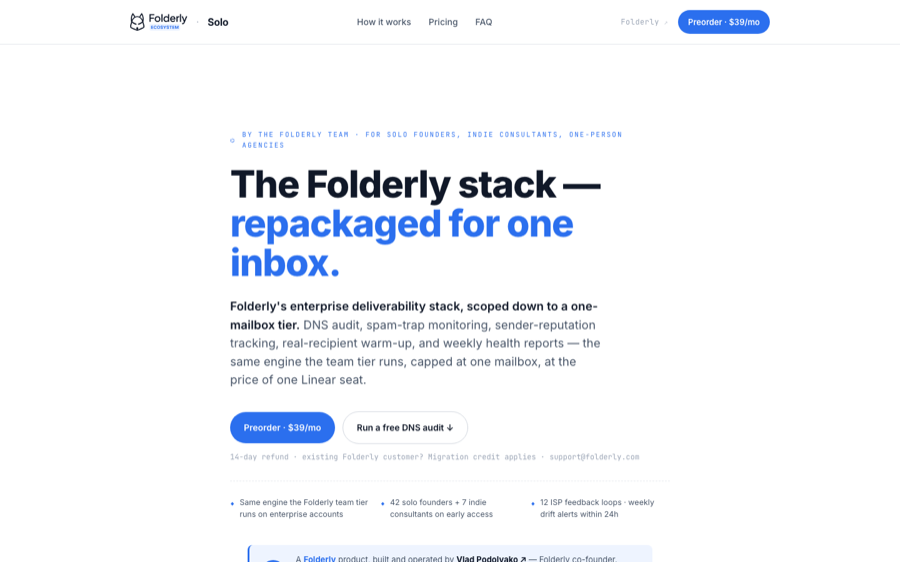 Folderly Solo landing page showing mailbox deliverability monitoring offer