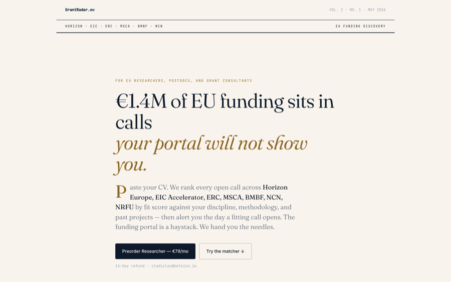 GrantRadar landing page showing EU grant discovery positioning