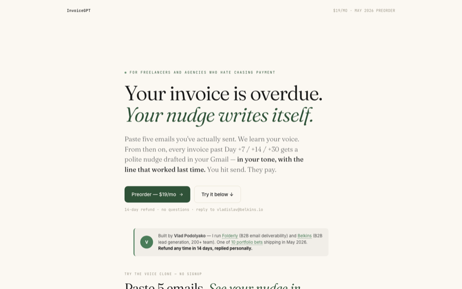 InvoiceGPT landing page with overdue-invoice email workflow preview