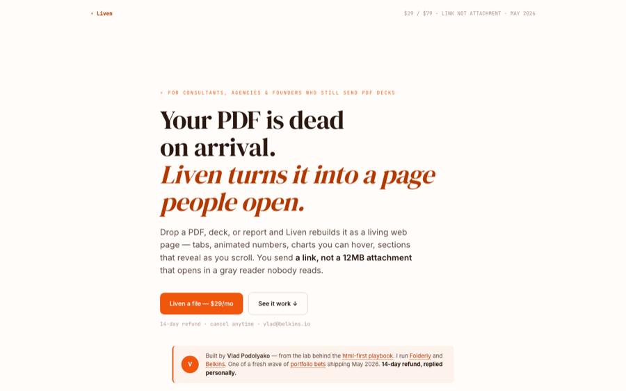 Liven landing page with static document to living page conversion demo