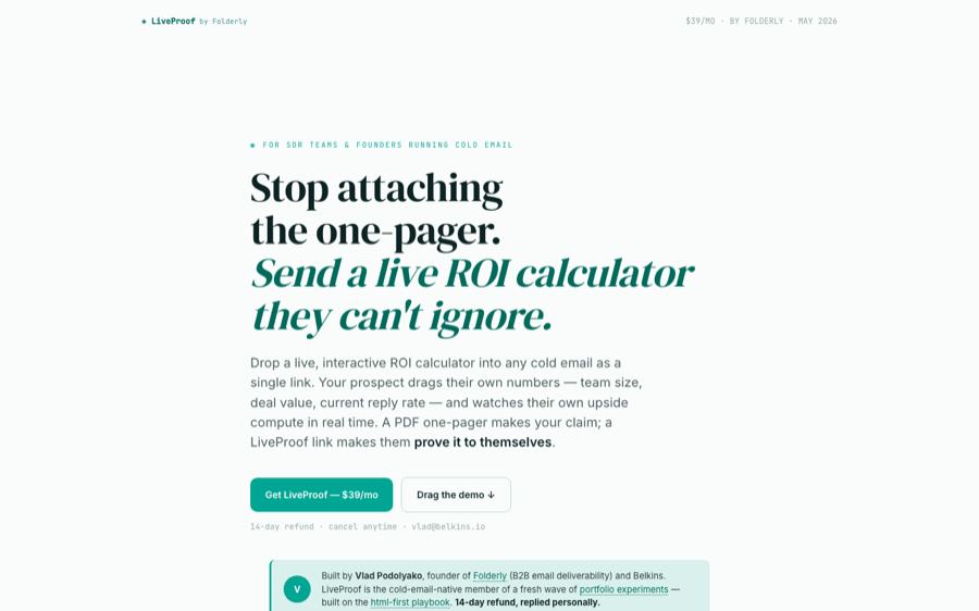 LiveProof landing page with interactive ROI calculator for cold email
