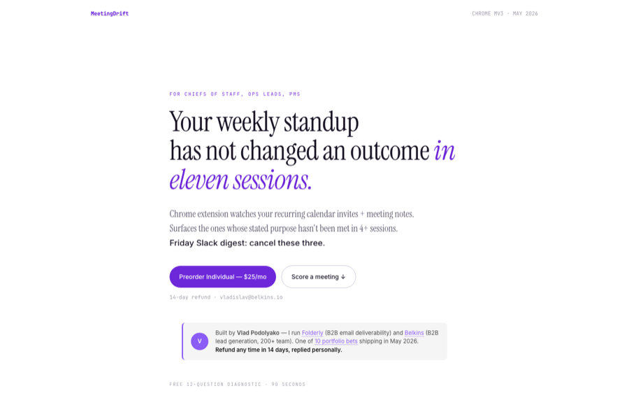 MeetingDrift landing page with recurring meeting drift score preview