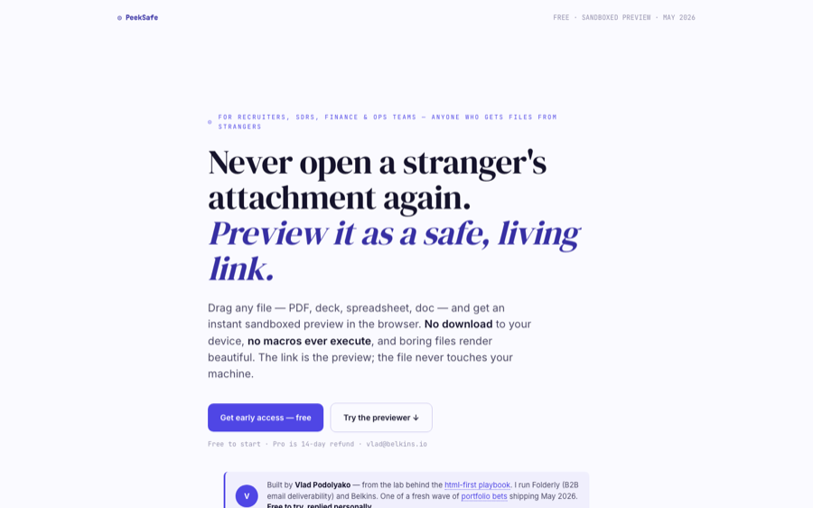 PeekSafe landing page with sandboxed file preview tool