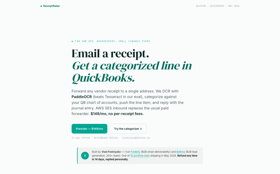 ReceiptRadar landing page with receipt capture and expense categorization preview