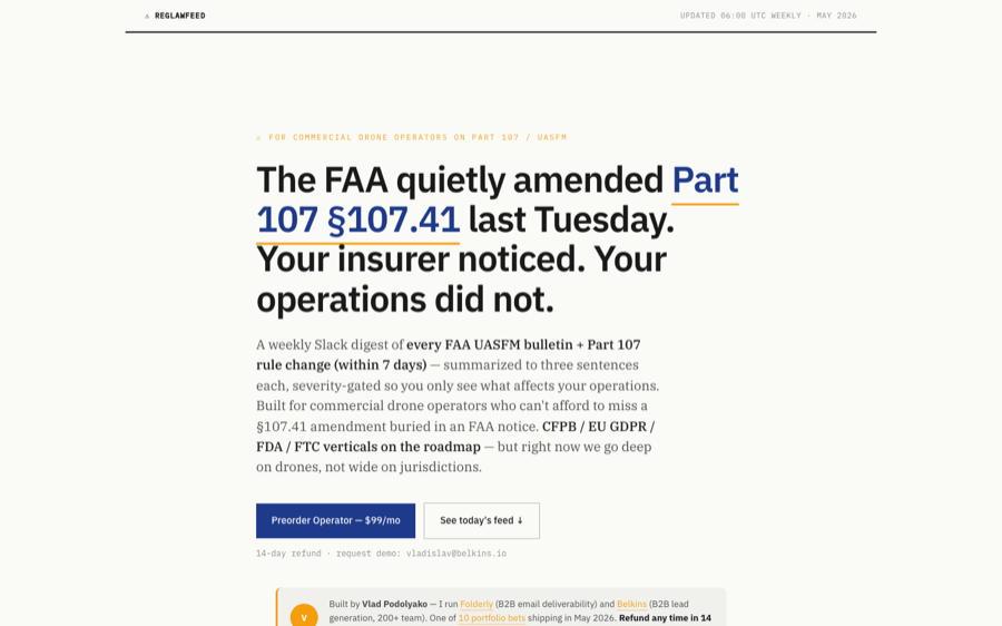 RegLawFeed landing page with regulatory-change monitoring promise