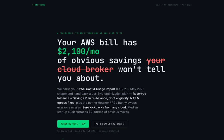 StackSwap landing page with cloud cost-arbitrage calculator preview