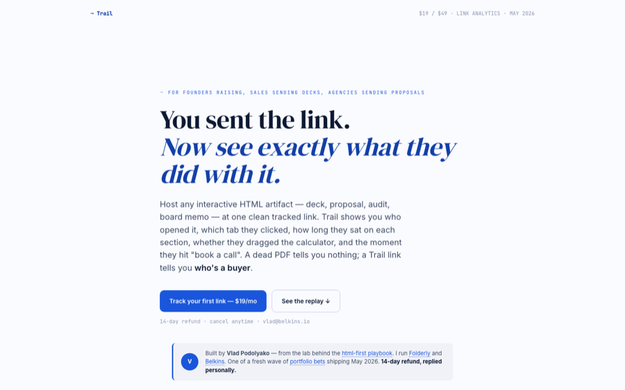 Trail landing page with tracked document link dashboard preview
